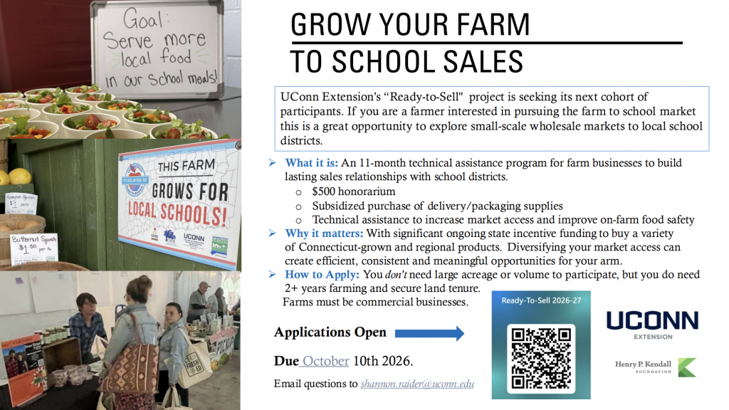 Postcard advertising UConn Extension's Ready to Sell cohort opportunity. It's an 11 month technical assistance program for farm businesses to build sales relationships with school districts