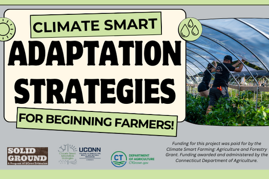 Text: climate smart adaptation strategies for beginning farmers and a decorative image of farmers lifting the plastic on a high tunnel